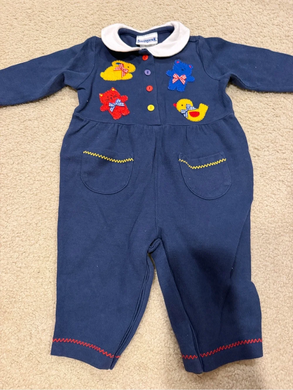 Vintage Buster Brown Navy Baby Romper with White Collar and Colorful Appliqués